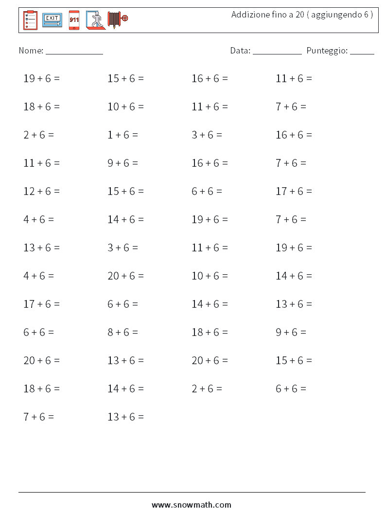 (50) Addizione fino a 20 ( aggiungendo 6 ) Fogli di lavoro di matematica 3