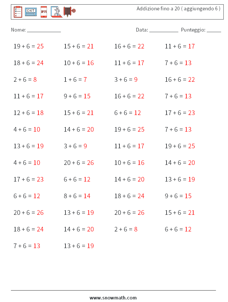 (50) Addizione fino a 20 ( aggiungendo 6 ) Fogli di lavoro di matematica 3 Domanda, Risposta