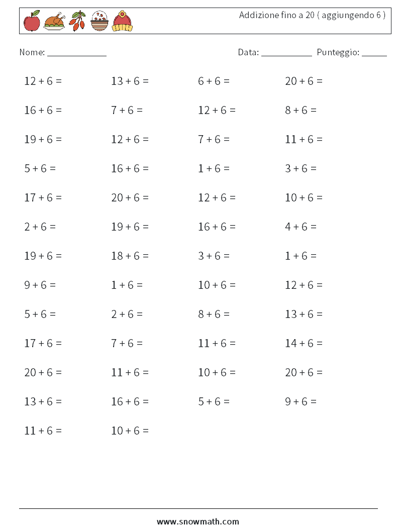 (50) Addizione fino a 20 ( aggiungendo 6 ) Fogli di lavoro di matematica 4