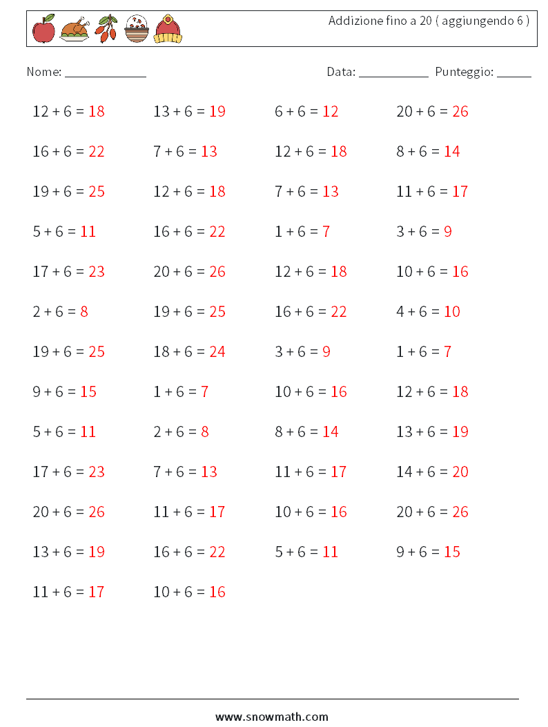 (50) Addizione fino a 20 ( aggiungendo 6 ) Fogli di lavoro di matematica 4 Domanda, Risposta