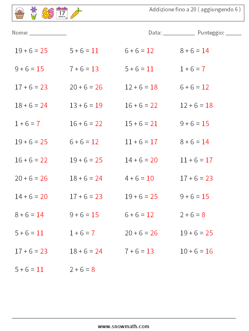 (50) Addizione fino a 20 ( aggiungendo 6 ) Fogli di lavoro di matematica 6 Domanda, Risposta