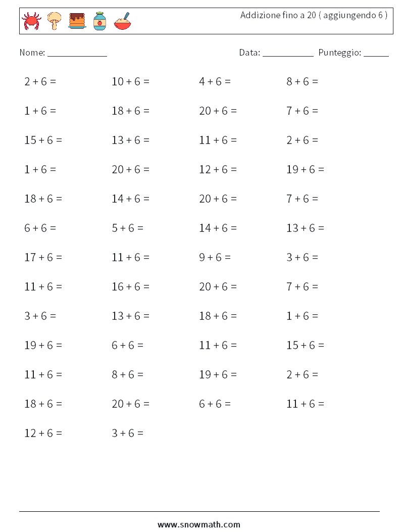 (50) Addizione fino a 20 ( aggiungendo 6 ) Fogli di lavoro di matematica 7