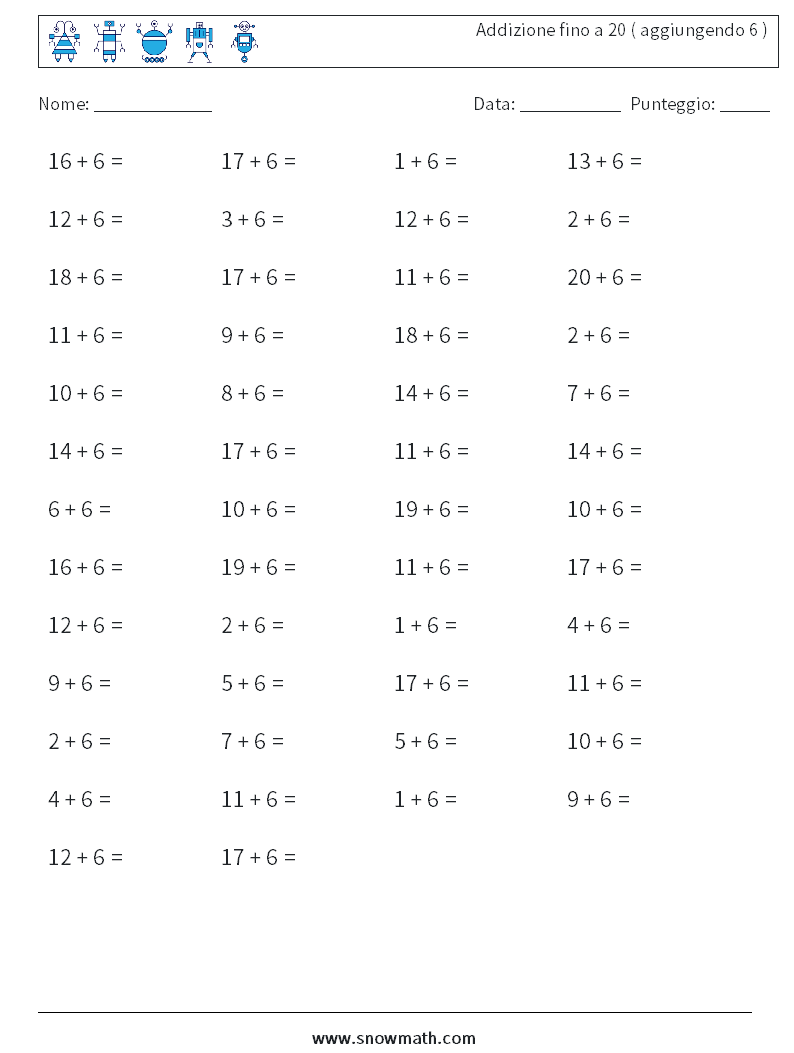 (50) Addizione fino a 20 ( aggiungendo 6 ) Fogli di lavoro di matematica 9