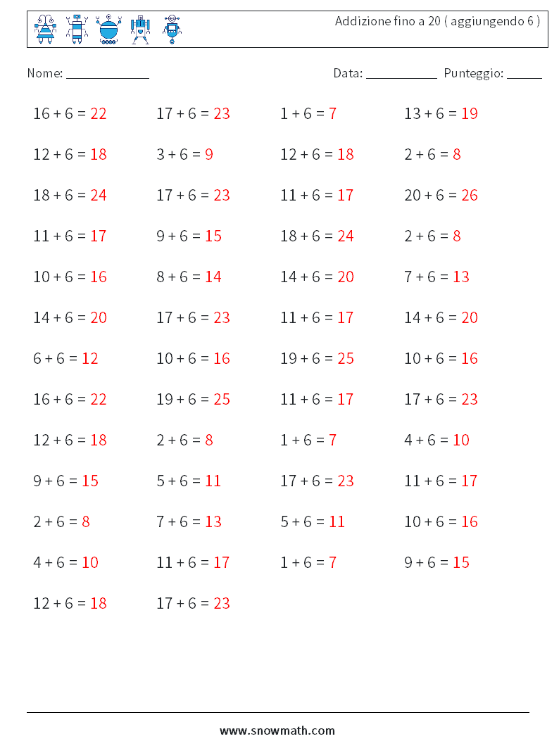 (50) Addizione fino a 20 ( aggiungendo 6 ) Fogli di lavoro di matematica 9 Domanda, Risposta