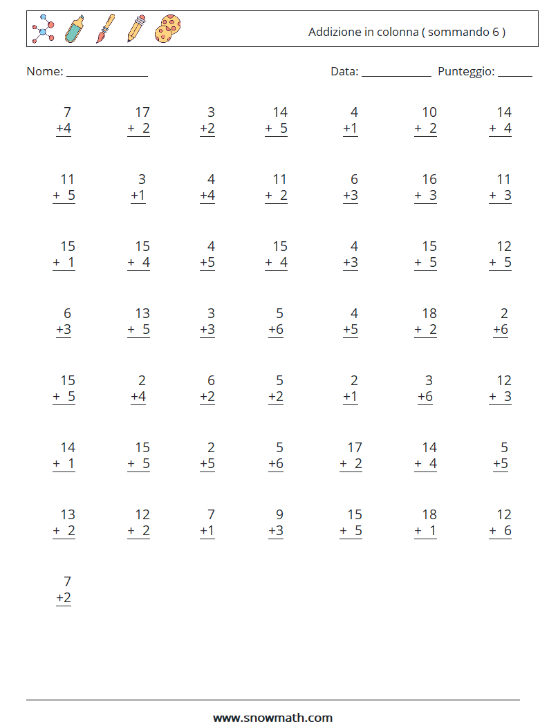 (50) Addizione in colonna ( sommando 6 ) Fogli di lavoro di matematica 1