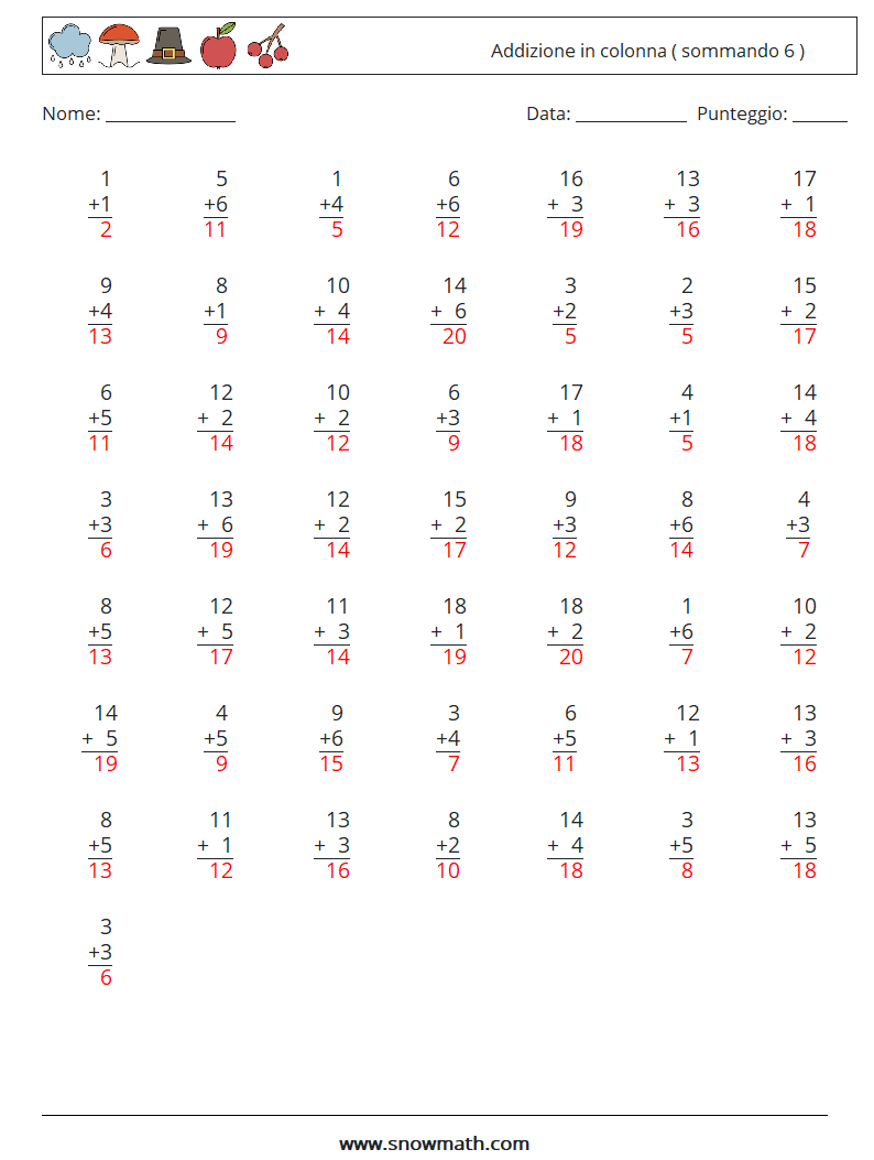 (50) Addizione in colonna ( sommando 6 ) Fogli di lavoro di matematica 10 Domanda, Risposta