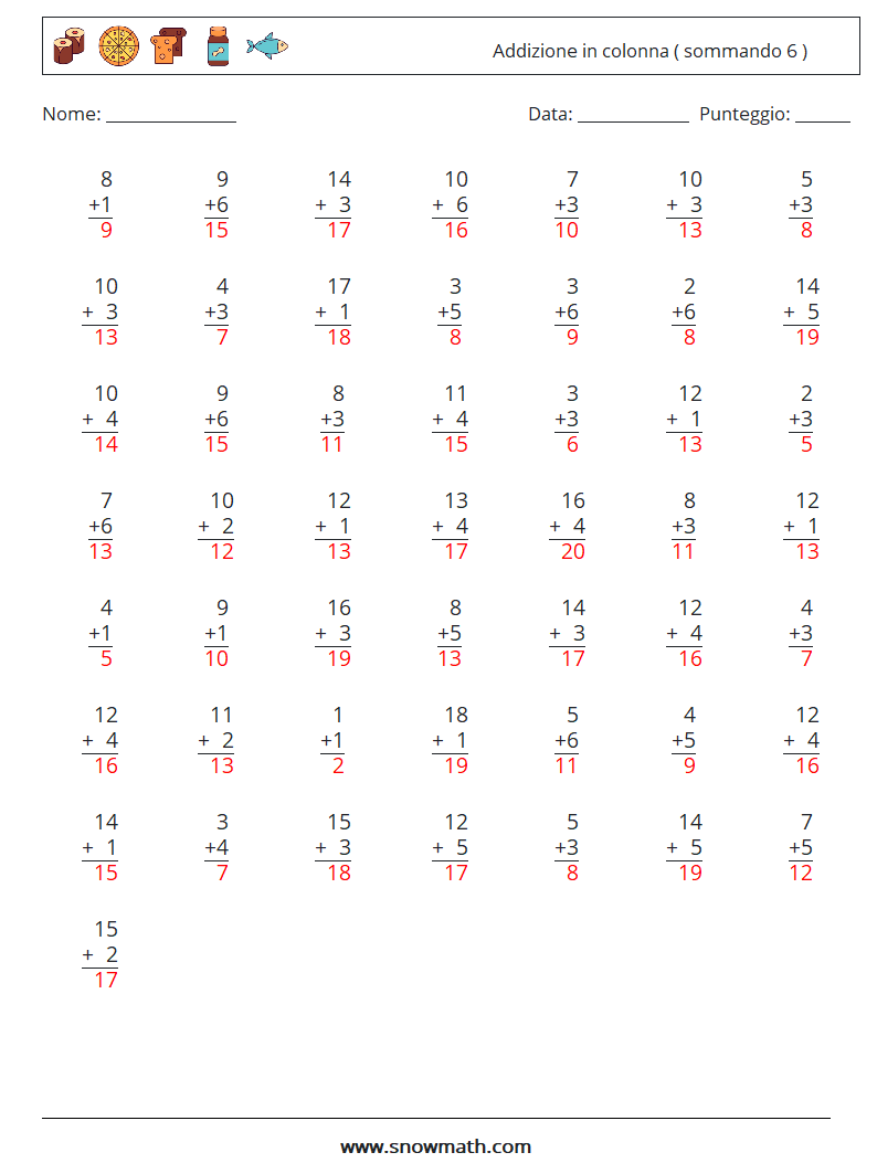 (50) Addizione in colonna ( sommando 6 ) Fogli di lavoro di matematica 11 Domanda, Risposta