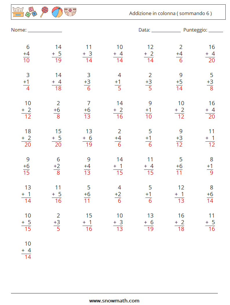 (50) Addizione in colonna ( sommando 6 ) Fogli di lavoro di matematica 12 Domanda, Risposta