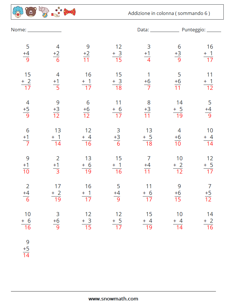 (50) Addizione in colonna ( sommando 6 ) Fogli di lavoro di matematica 13 Domanda, Risposta