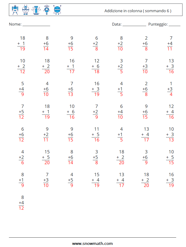 (50) Addizione in colonna ( sommando 6 ) Fogli di lavoro di matematica 14 Domanda, Risposta