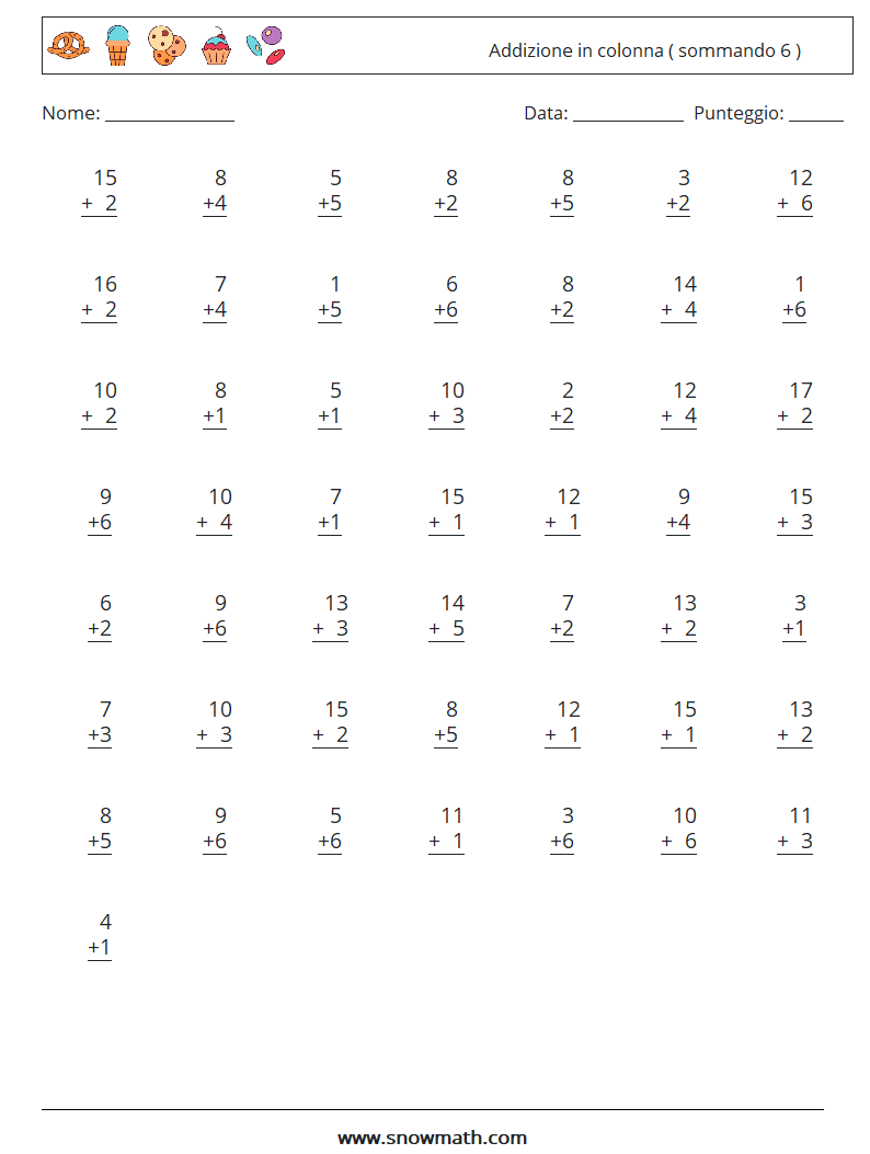 (50) Addizione in colonna ( sommando 6 ) Fogli di lavoro di matematica 15