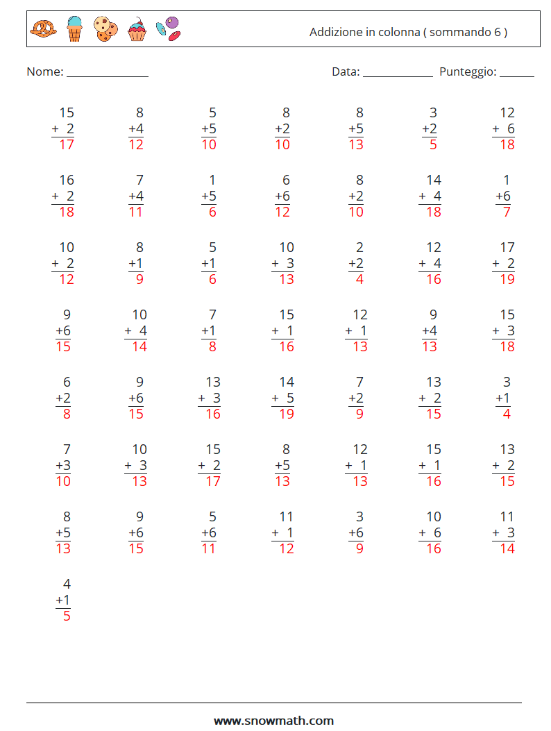(50) Addizione in colonna ( sommando 6 ) Fogli di lavoro di matematica 15 Domanda, Risposta