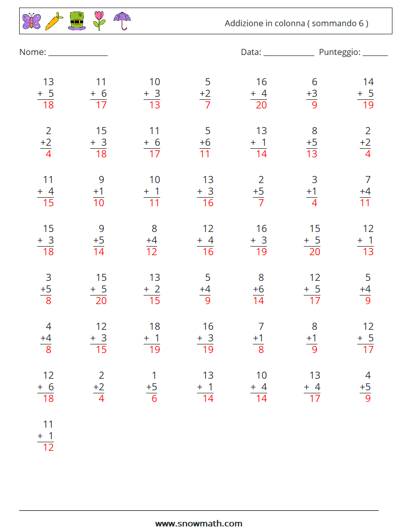 (50) Addizione in colonna ( sommando 6 ) Fogli di lavoro di matematica 16 Domanda, Risposta