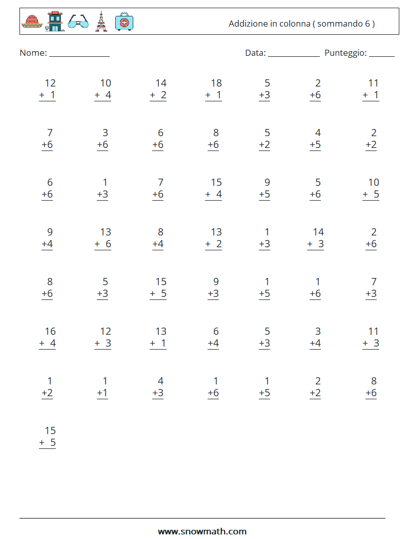 (50) Addizione in colonna ( sommando 6 ) Fogli di lavoro di matematica 2