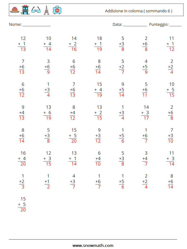 (50) Addizione in colonna ( sommando 6 ) Fogli di lavoro di matematica 2 Domanda, Risposta