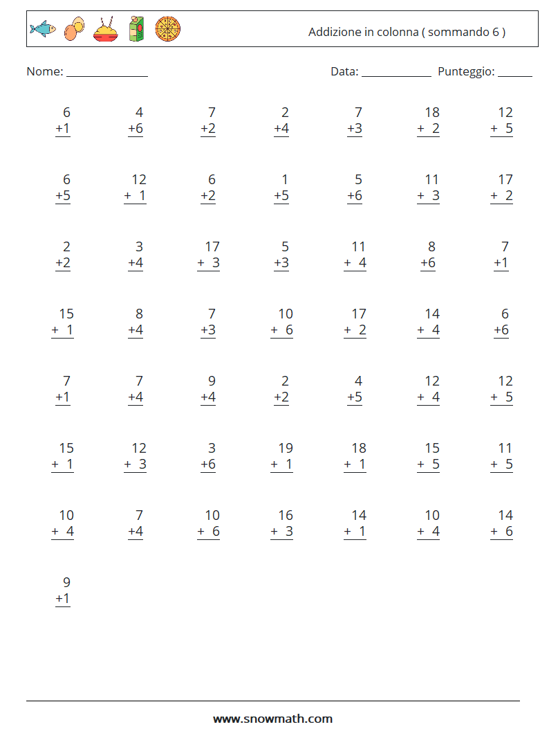 (50) Addizione in colonna ( sommando 6 ) Fogli di lavoro di matematica 6