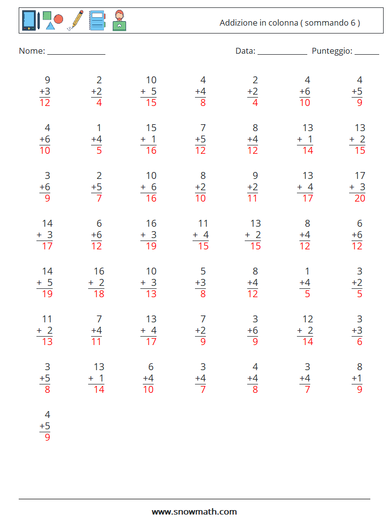 (50) Addizione in colonna ( sommando 6 ) Fogli di lavoro di matematica 8 Domanda, Risposta