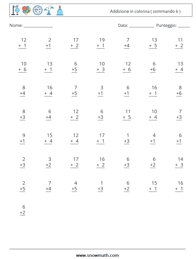 (50) Addizione in colonna ( sommando 6 ) Fogli di lavoro di matematica 9