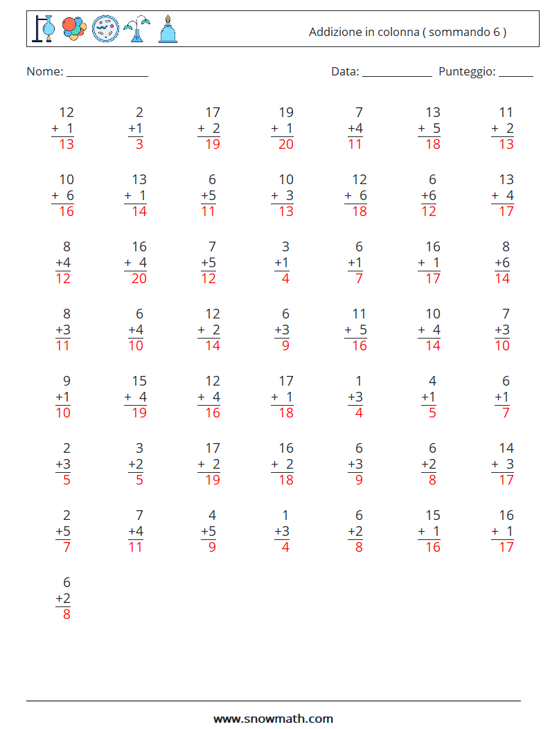 (50) Addizione in colonna ( sommando 6 ) Fogli di lavoro di matematica 9 Domanda, Risposta