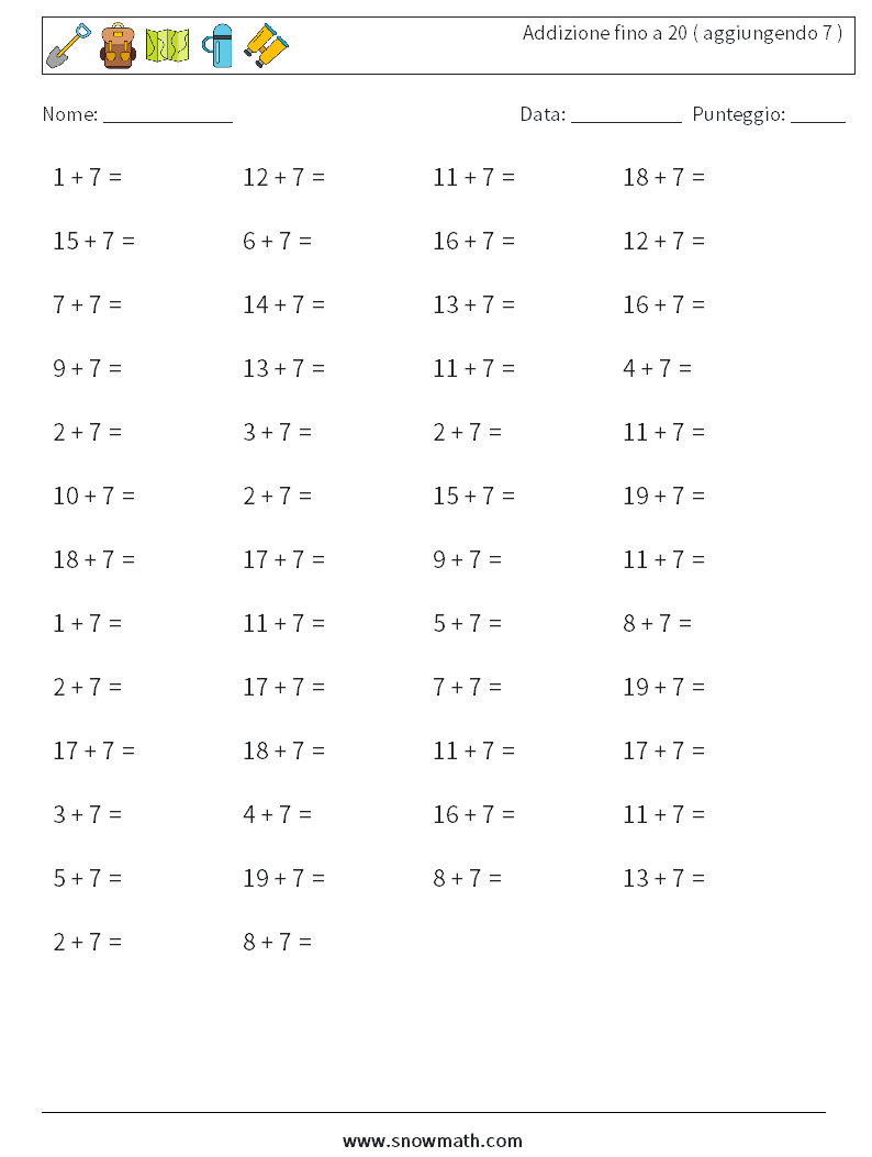 (50) Addizione fino a 20 ( aggiungendo 7 ) Fogli di lavoro di matematica 1