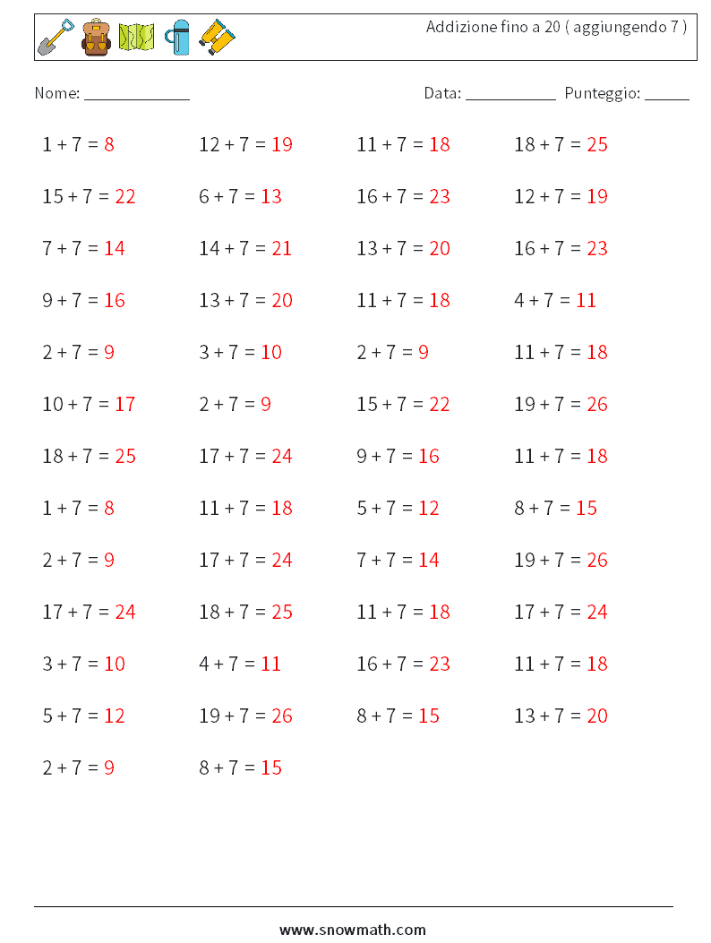 (50) Addizione fino a 20 ( aggiungendo 7 ) Fogli di lavoro di matematica 1 Domanda, Risposta