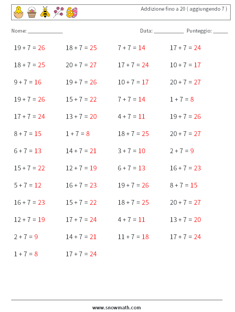 (50) Addizione fino a 20 ( aggiungendo 7 ) Fogli di lavoro di matematica 2 Domanda, Risposta