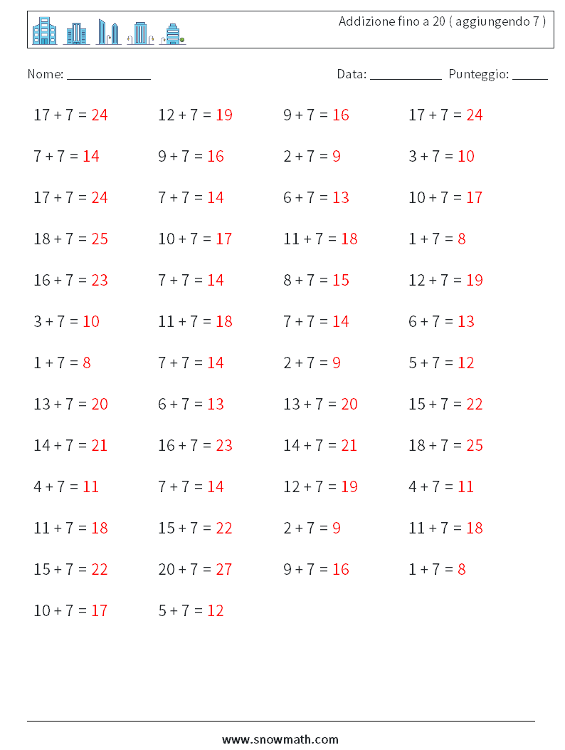 (50) Addizione fino a 20 ( aggiungendo 7 ) Fogli di lavoro di matematica 3 Domanda, Risposta