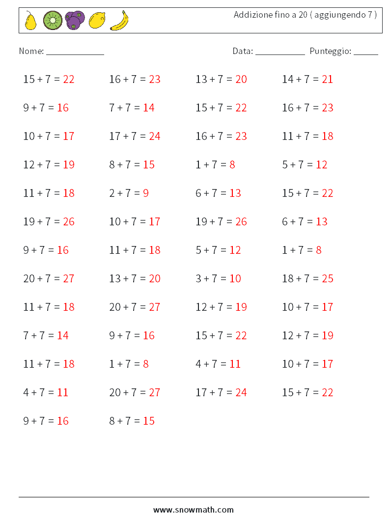 (50) Addizione fino a 20 ( aggiungendo 7 ) Fogli di lavoro di matematica 4 Domanda, Risposta