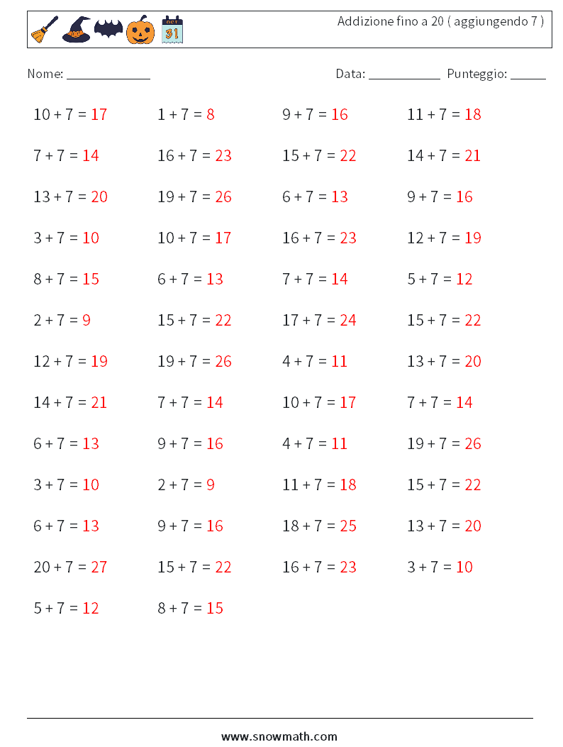 (50) Addizione fino a 20 ( aggiungendo 7 ) Fogli di lavoro di matematica 5 Domanda, Risposta