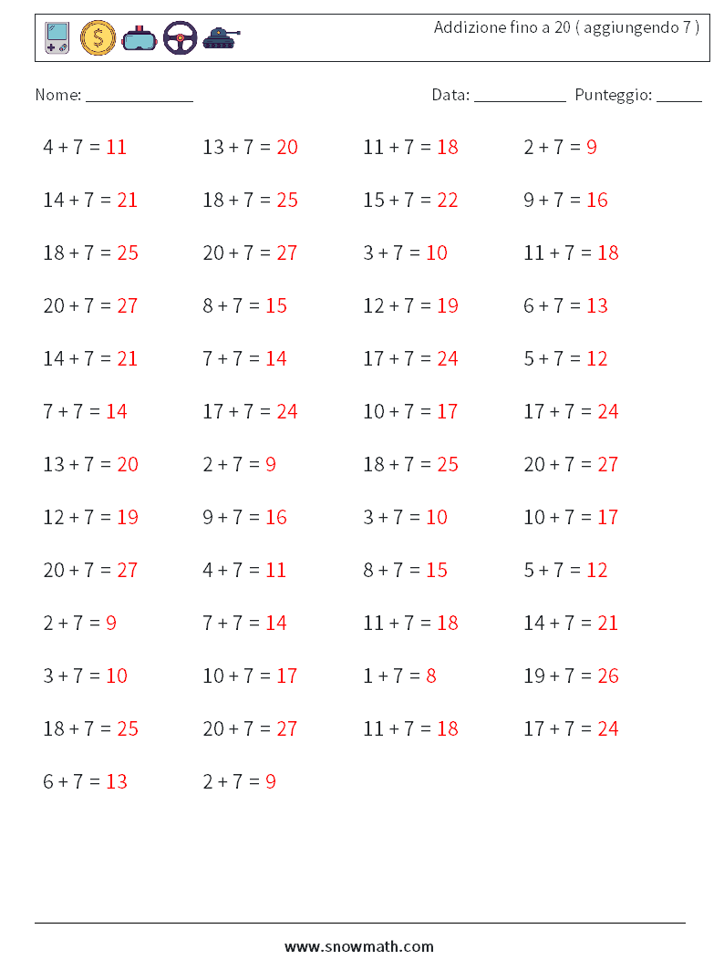 (50) Addizione fino a 20 ( aggiungendo 7 ) Fogli di lavoro di matematica 7 Domanda, Risposta