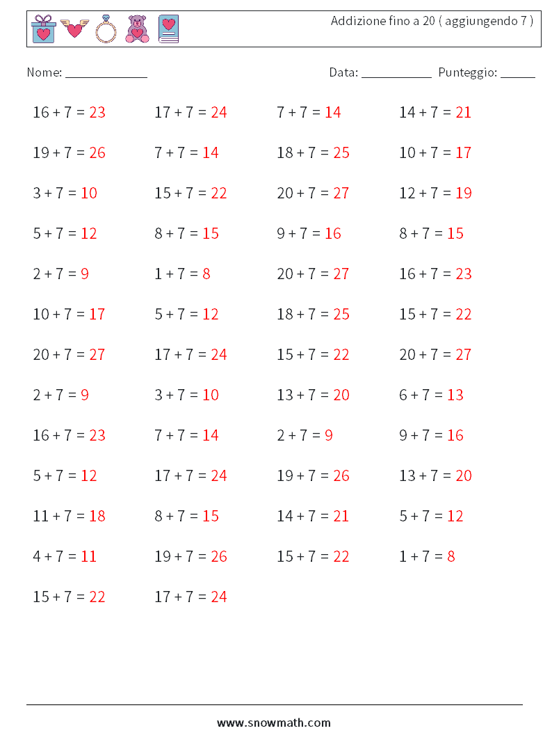 (50) Addizione fino a 20 ( aggiungendo 7 ) Fogli di lavoro di matematica 8 Domanda, Risposta