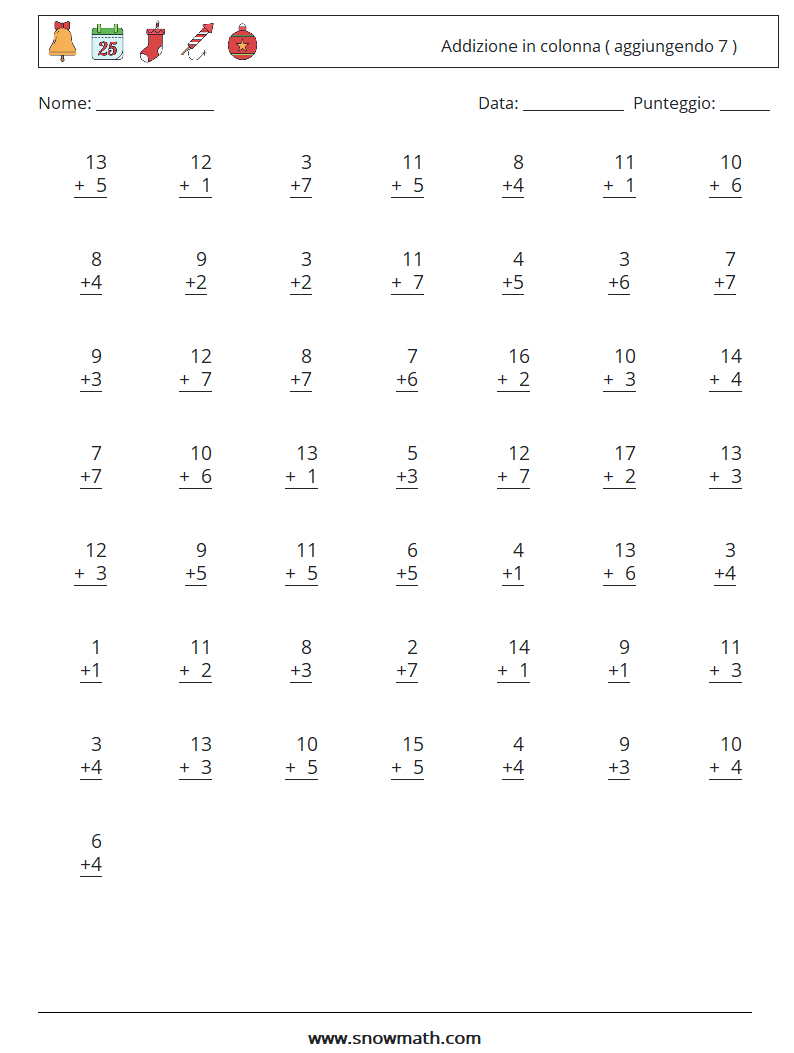 (50) Addizione in colonna ( aggiungendo 7 ) Fogli di lavoro di matematica 1