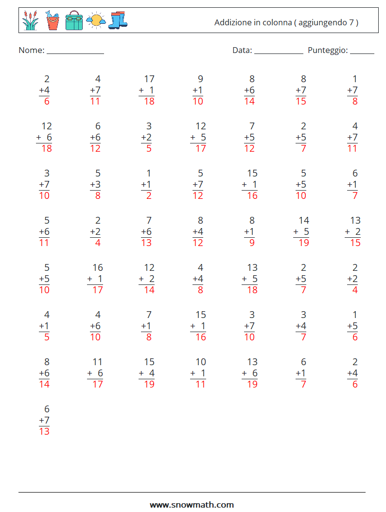 (50) Addizione in colonna ( aggiungendo 7 ) Fogli di lavoro di matematica 9 Domanda, Risposta