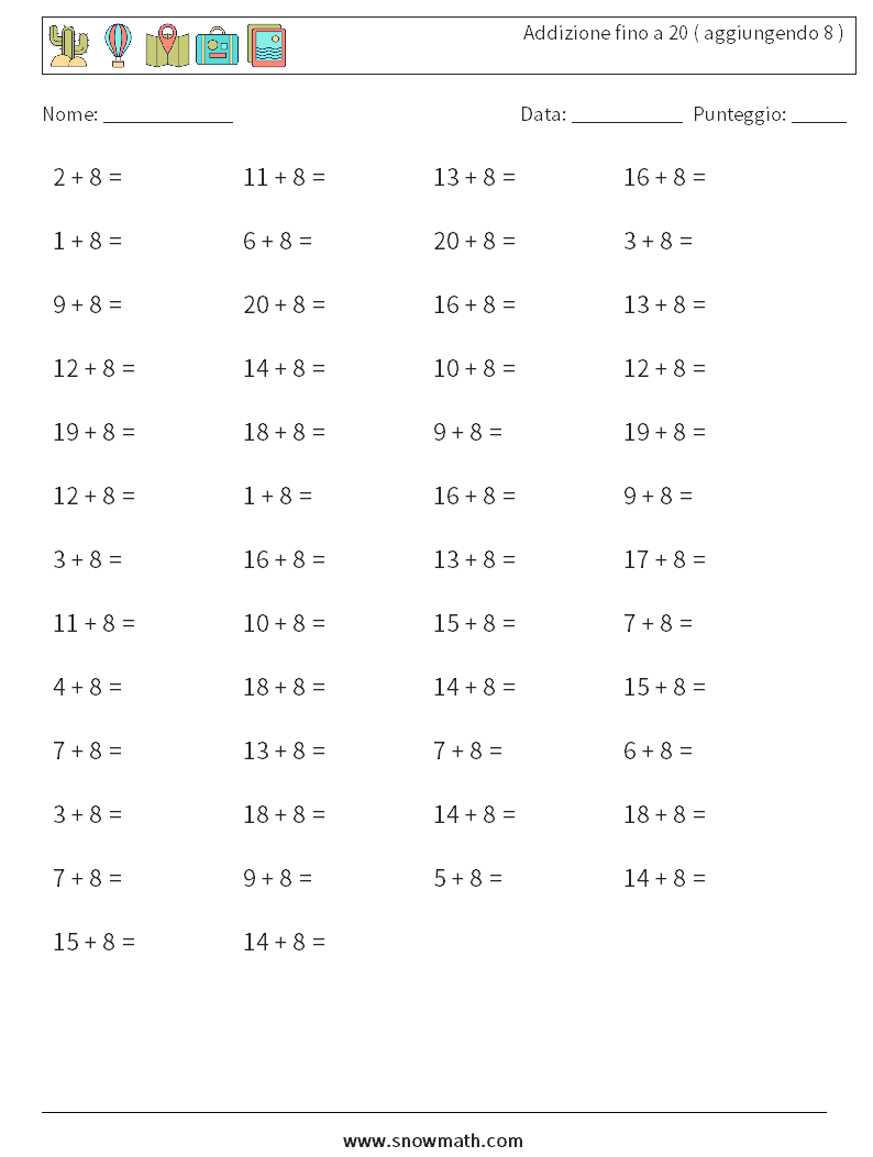 (50) Addizione fino a 20 ( aggiungendo 8 ) Fogli di lavoro di matematica 1