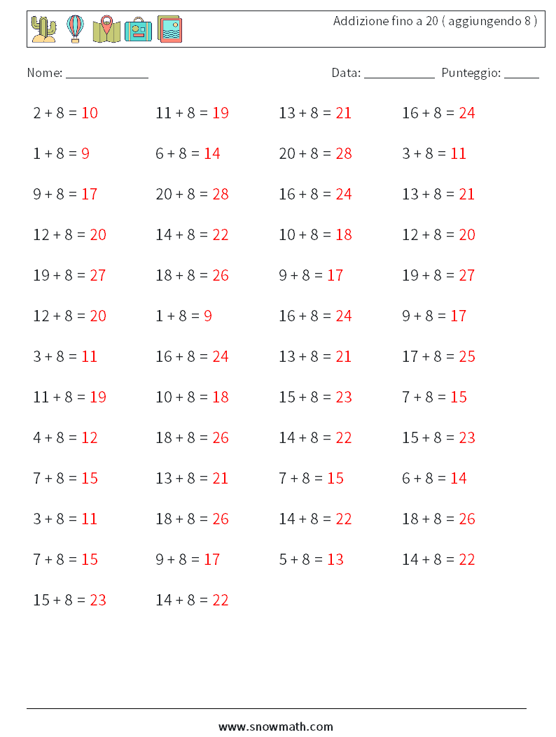 (50) Addizione fino a 20 ( aggiungendo 8 ) Fogli di lavoro di matematica 1 Domanda, Risposta