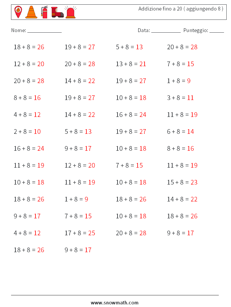 (50) Addizione fino a 20 ( aggiungendo 8 ) Fogli di lavoro di matematica 2 Domanda, Risposta