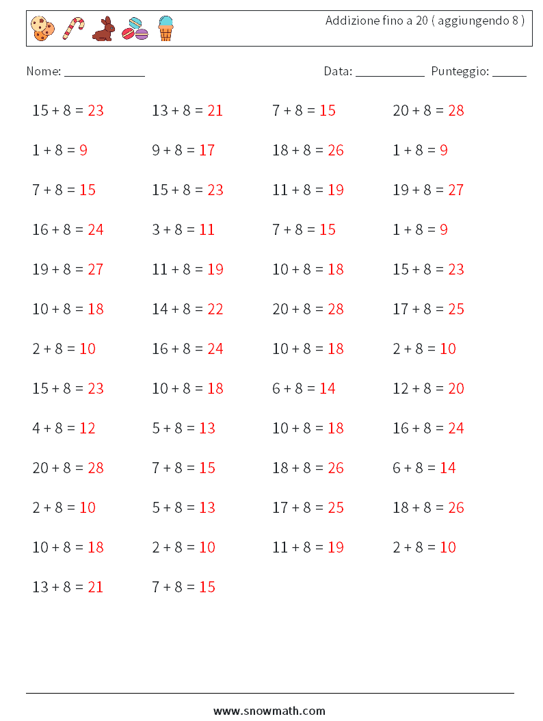 (50) Addizione fino a 20 ( aggiungendo 8 ) Fogli di lavoro di matematica 3 Domanda, Risposta