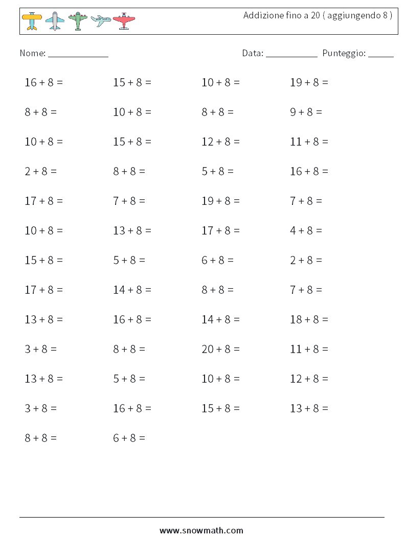 (50) Addizione fino a 20 ( aggiungendo 8 ) Fogli di lavoro di matematica 4