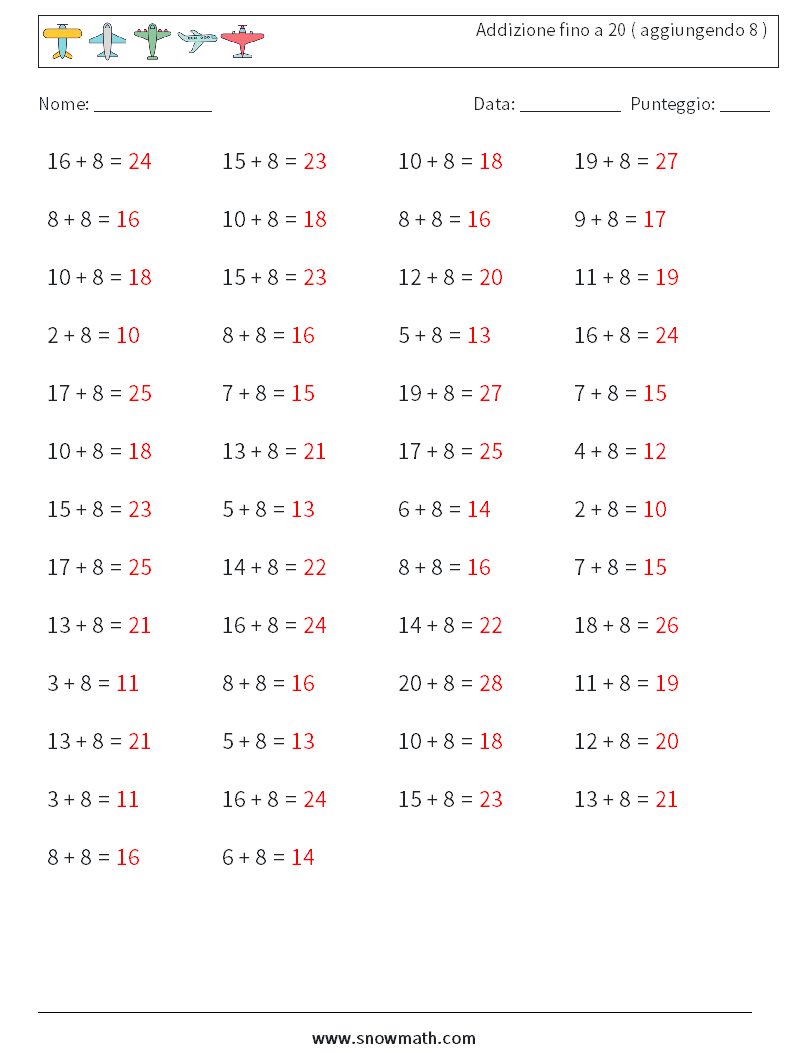 (50) Addizione fino a 20 ( aggiungendo 8 ) Fogli di lavoro di matematica 4 Domanda, Risposta