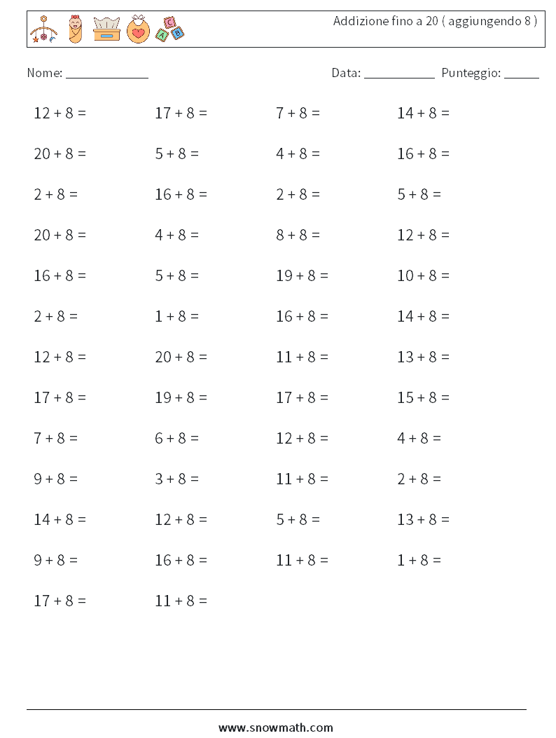 (50) Addizione fino a 20 ( aggiungendo 8 ) Fogli di lavoro di matematica 5