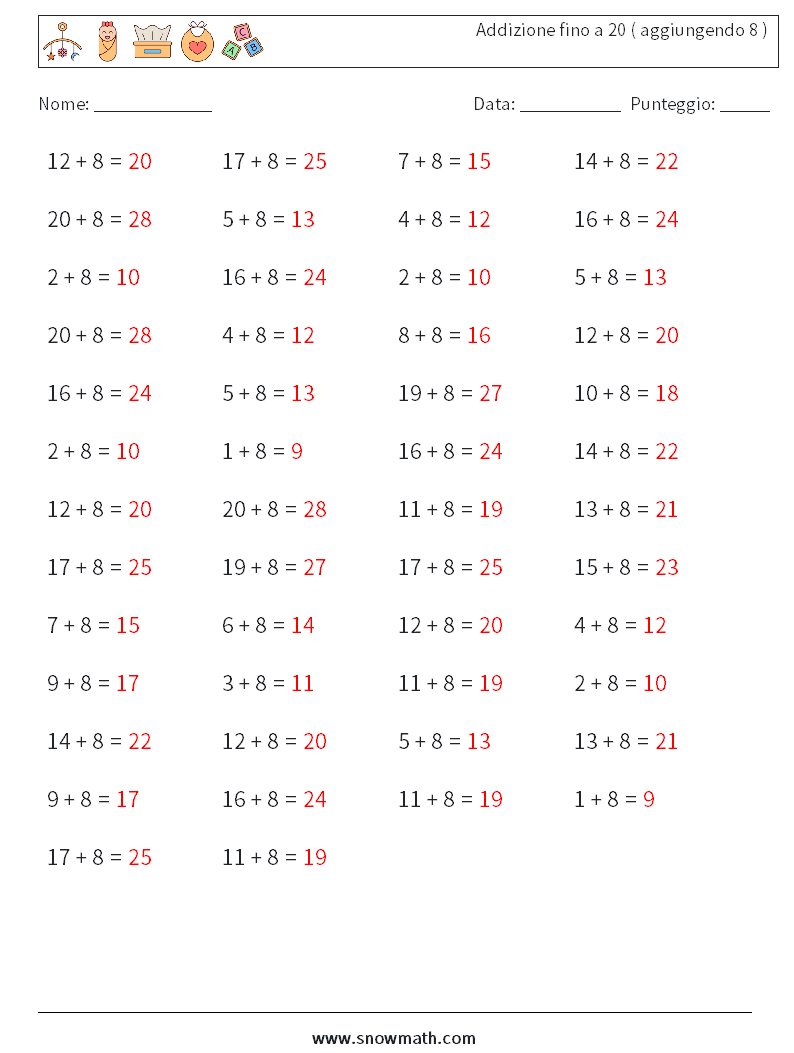 (50) Addizione fino a 20 ( aggiungendo 8 ) Fogli di lavoro di matematica 5 Domanda, Risposta