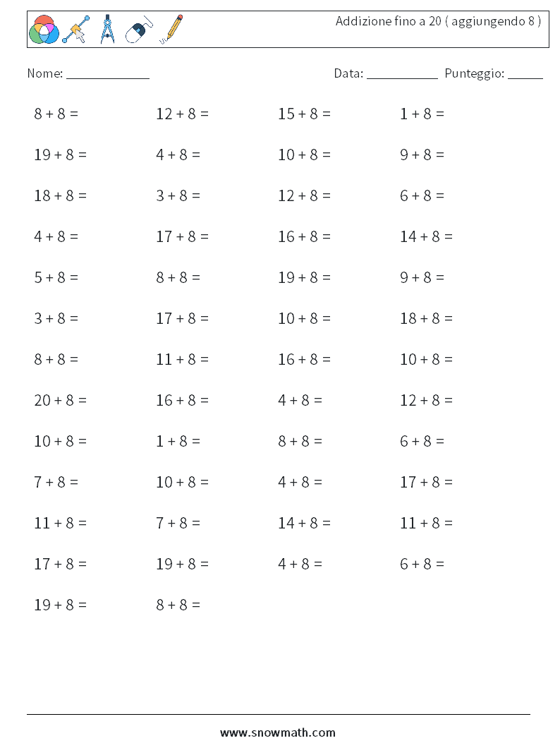 (50) Addizione fino a 20 ( aggiungendo 8 ) Fogli di lavoro di matematica 6