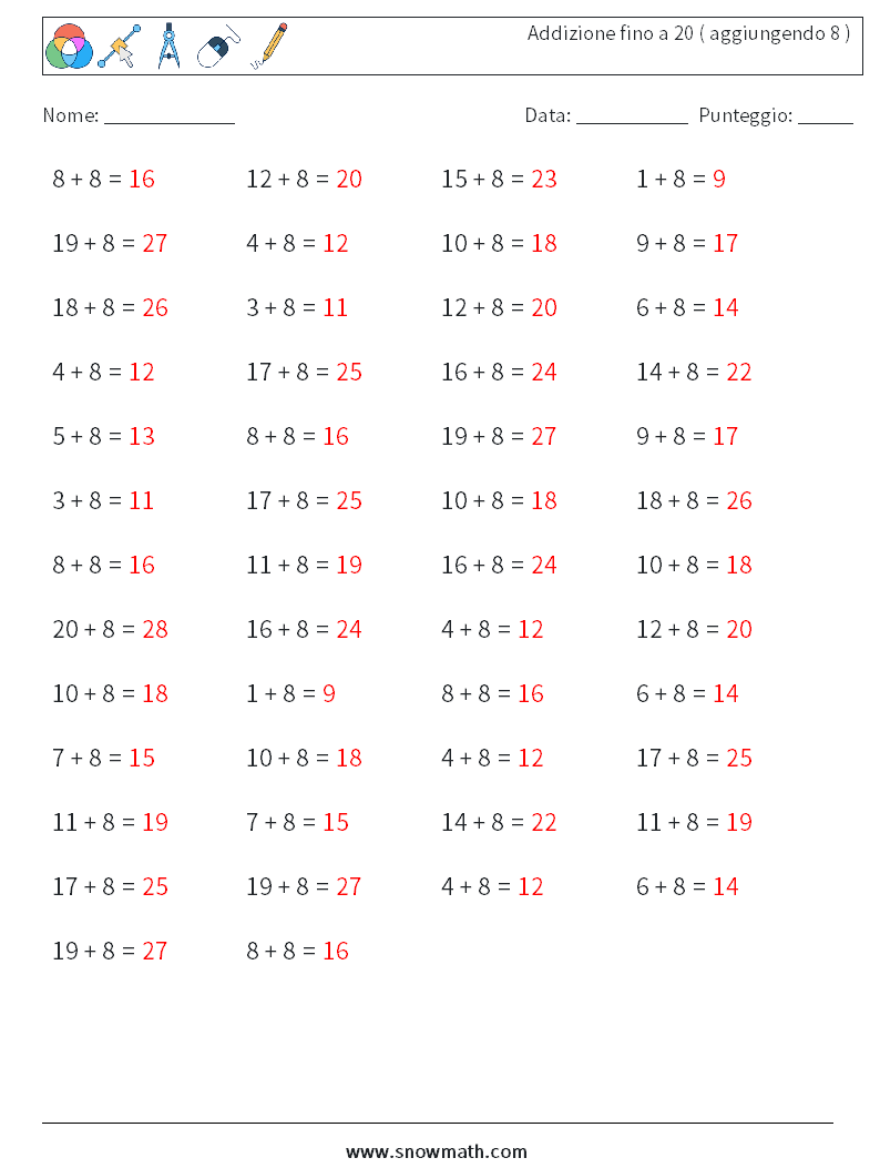 (50) Addizione fino a 20 ( aggiungendo 8 ) Fogli di lavoro di matematica 6 Domanda, Risposta