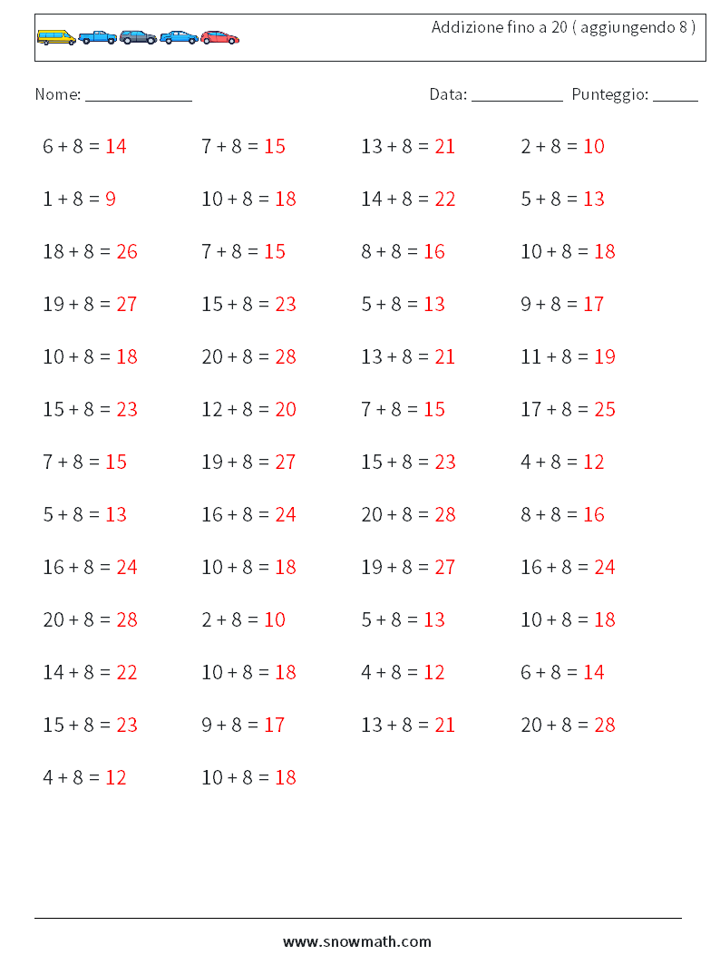 (50) Addizione fino a 20 ( aggiungendo 8 ) Fogli di lavoro di matematica 7 Domanda, Risposta