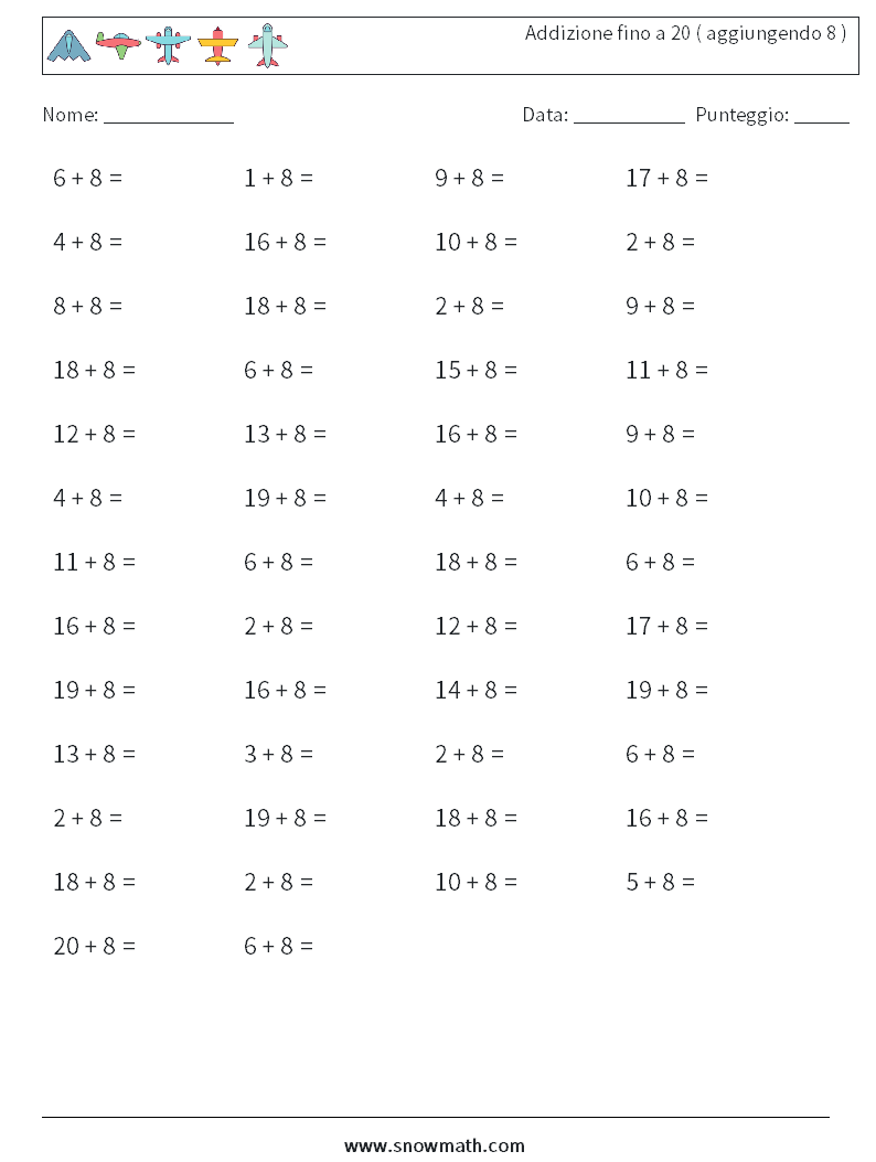 (50) Addizione fino a 20 ( aggiungendo 8 ) Fogli di lavoro di matematica 8