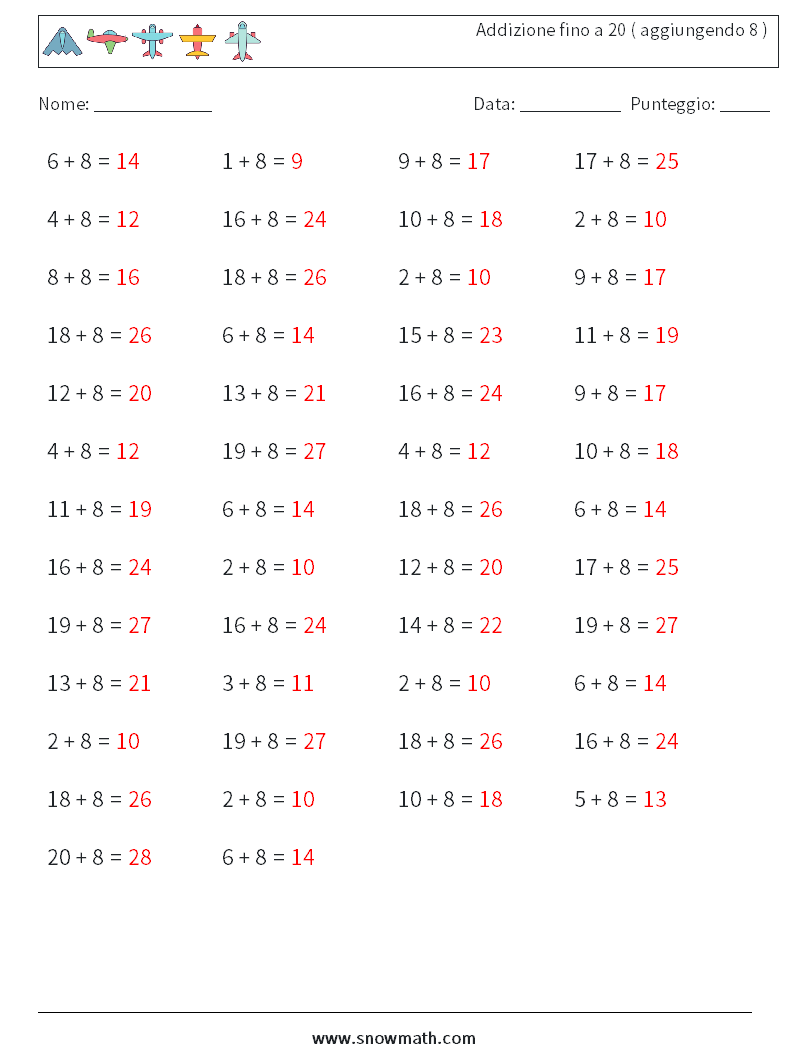 (50) Addizione fino a 20 ( aggiungendo 8 ) Fogli di lavoro di matematica 8 Domanda, Risposta