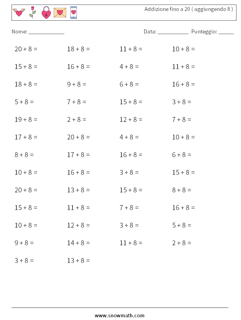 (50) Addizione fino a 20 ( aggiungendo 8 ) Fogli di lavoro di matematica 9