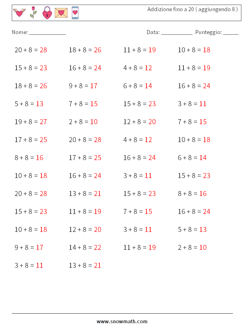 (50) Addizione fino a 20 ( aggiungendo 8 ) Fogli di lavoro di matematica 9 Domanda, Risposta