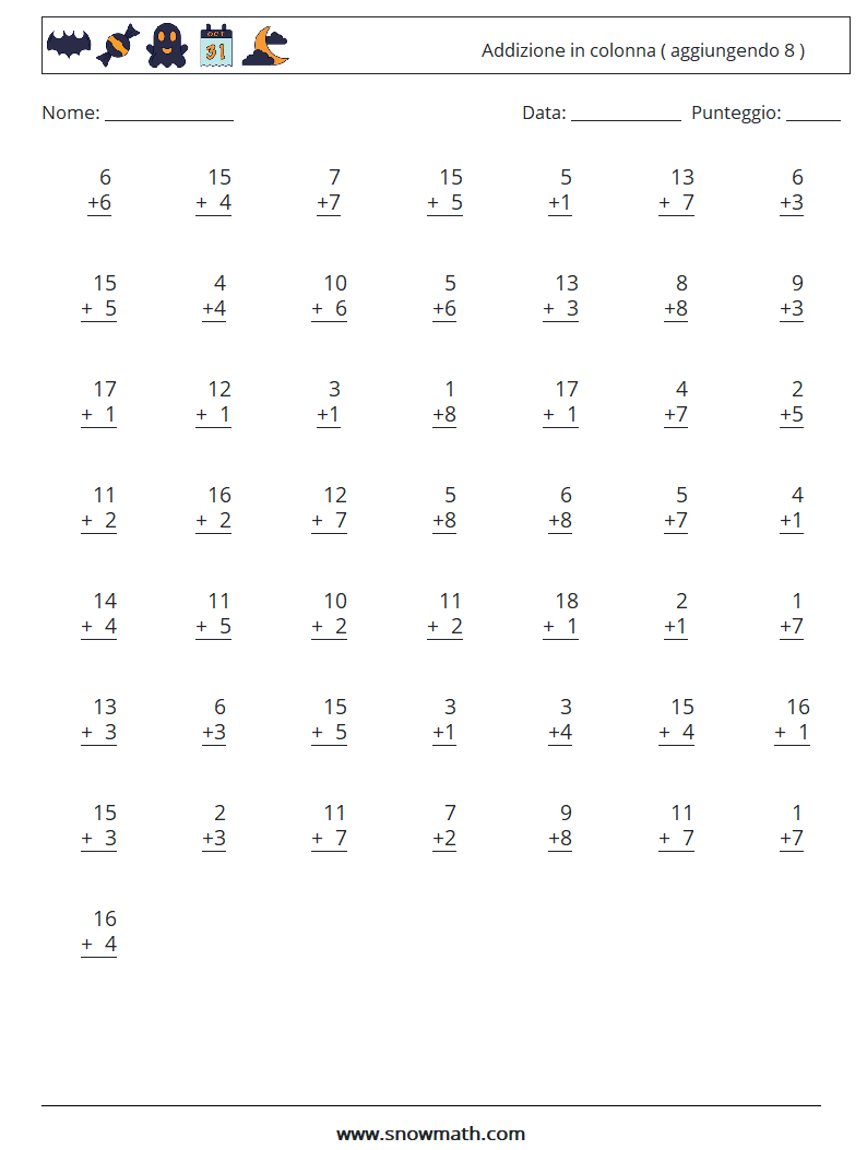 (50) Addizione in colonna ( aggiungendo 8 ) Fogli di lavoro di matematica 1