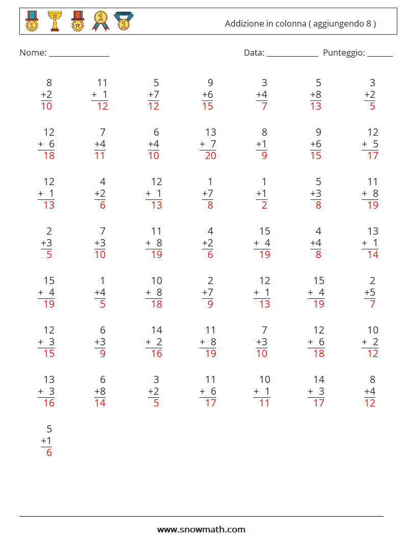 (50) Addizione in colonna ( aggiungendo 8 ) Fogli di lavoro di matematica 10 Domanda, Risposta